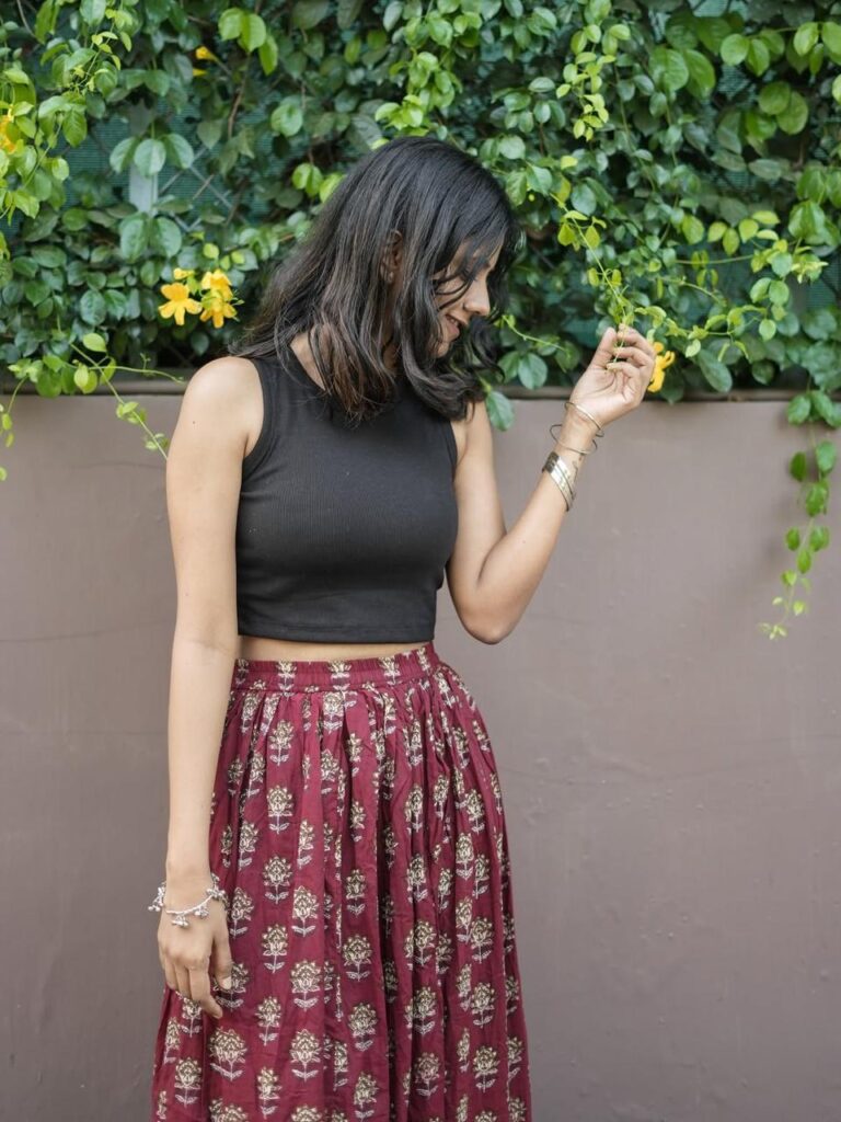 Ethnic self portrait photoshoot featuring a desi long skirt with traditional aesthetic styling